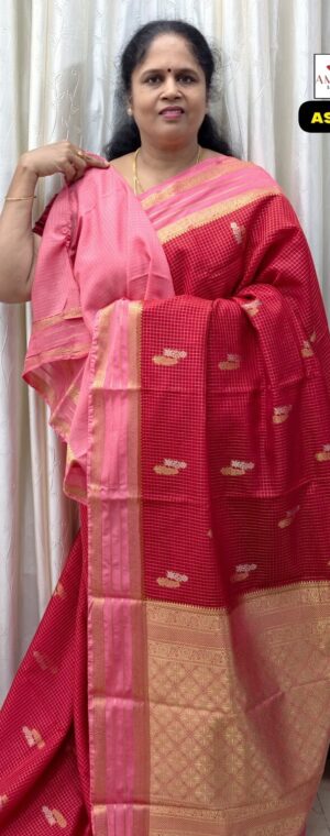 Red Semi Mysore Crepe Saree with Checks & Border | ASF120