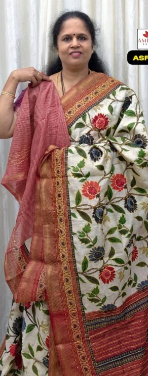 Off-White Kantha Stich Semi Tussar Saree With Red Border | ASF245