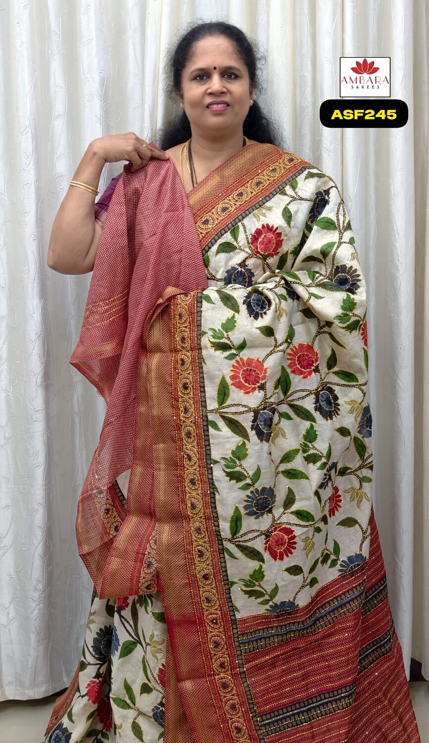 Off-White Kantha Stich Semi Tussar Saree With Red Border | ASF245