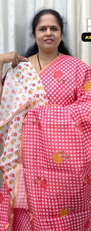 Pink Checked Linen Cotton Saree with Printed Pallu | ASF258