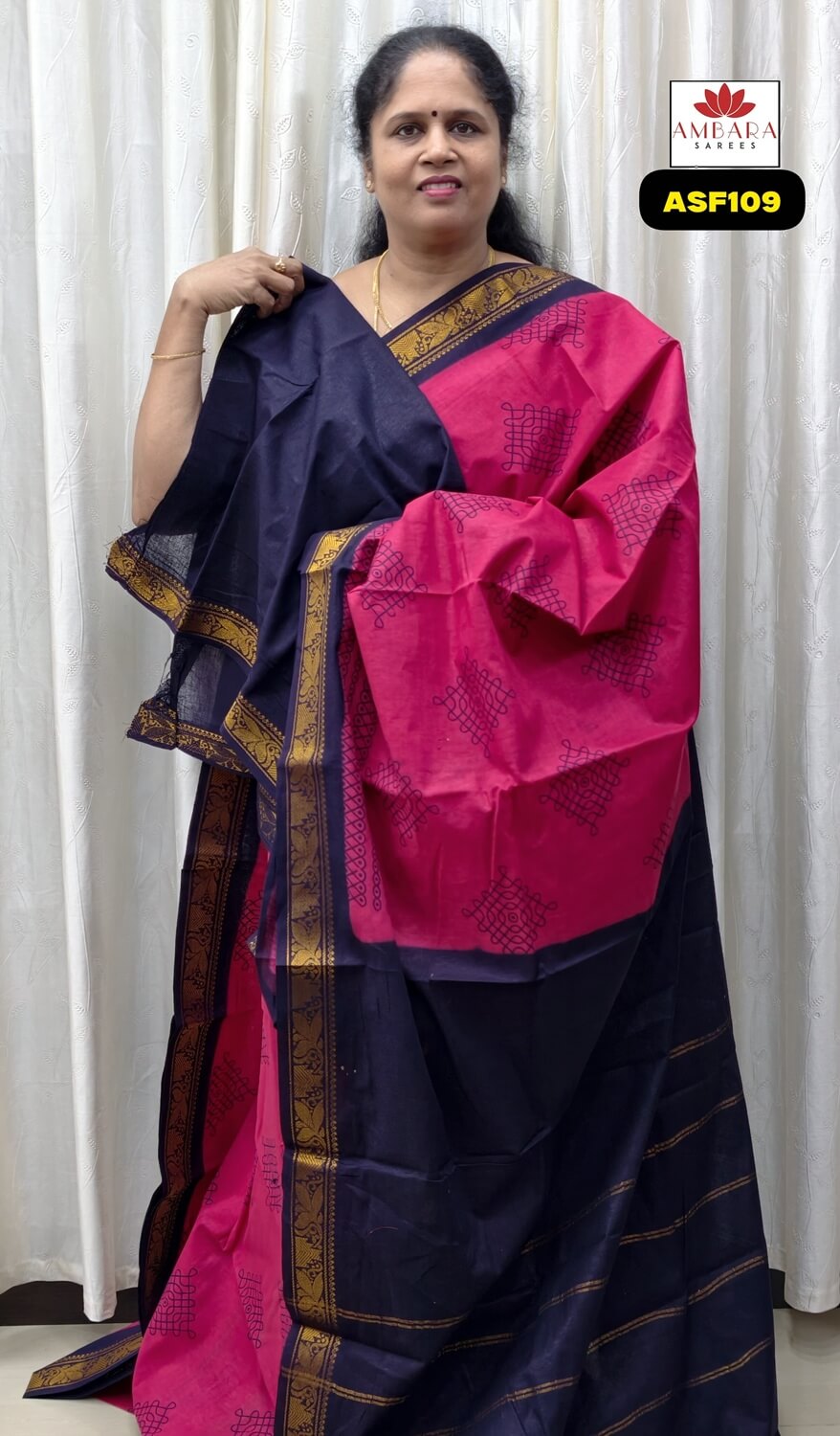 Pink Sungudi Cotton Saree with Blue Border | ASF109