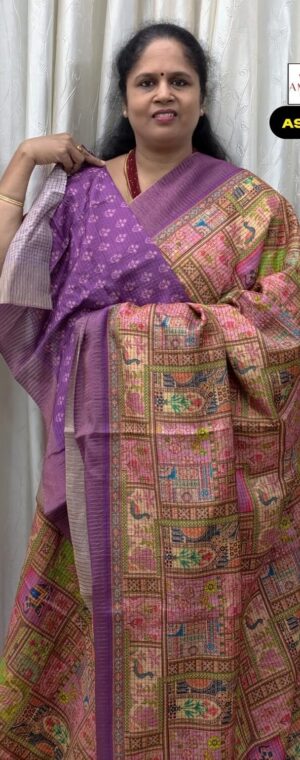 Lavender Crushed Semi Tussar Saree with Mughal Art | ASF338