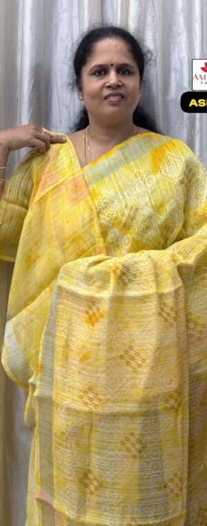 Yellow Bandhini Printed Semi Linen Silk Saree | ASF210