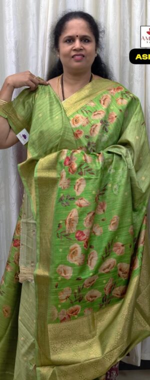 Green Floral Printed Semi Tussar Saree | ASF142