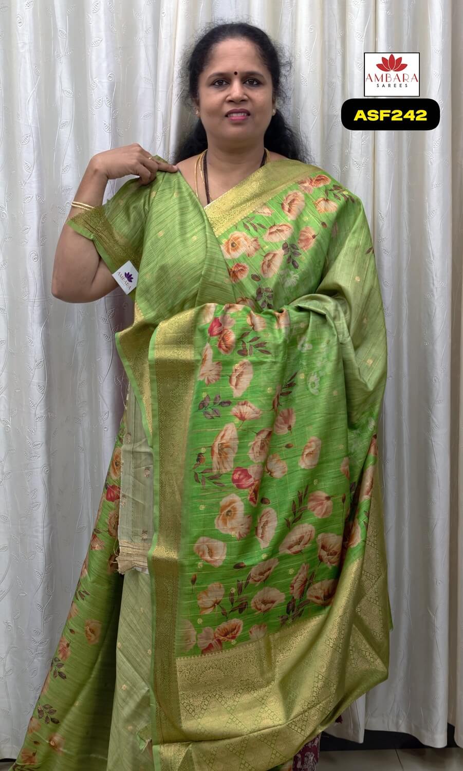 Green Floral Printed Semi Tussar Saree | ASF142