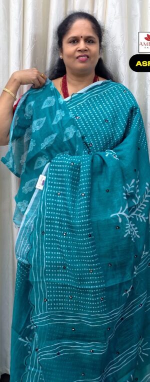 Sky Blue Semi Linen Cotton Saree With Scallop Border | ASF331