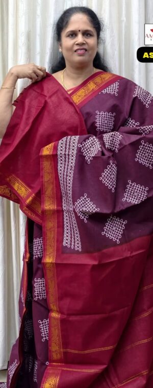 Wine Sungudi Cotton Saree with Pink Border | ASF108