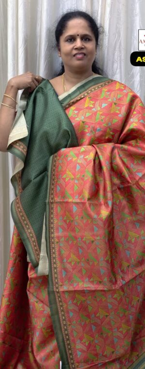 Orange Semi Tussar Saree With Green Border Print | ASF214