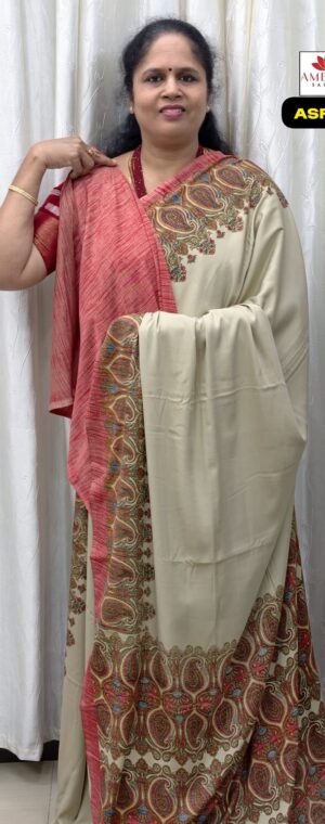 Off-White Semi Crepe Saree With Mango Design Border | ASF315