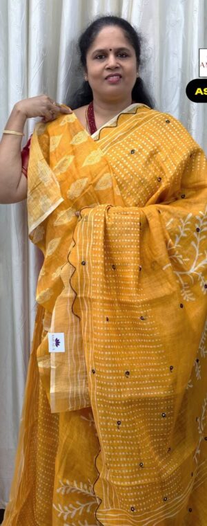 Yellow Semi Linen Cotton Saree With Scallop Border | ASF334