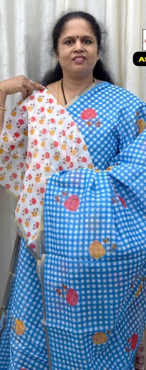 Sky Blue Checked Linen Cotton Saree with Pallu | ASF260