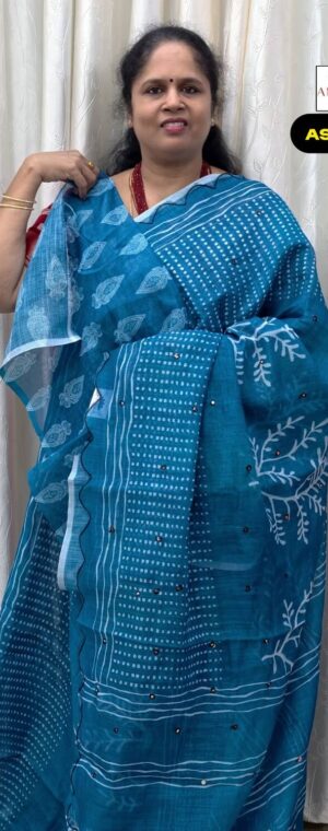 Blue Semi Linen Cotton Saree with Scallop Border | ASF330