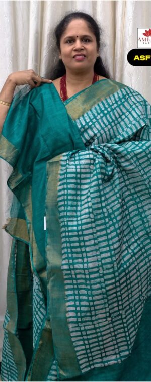 Sea Green Semi Tussar Saree With Handblock Prints | ASF367
