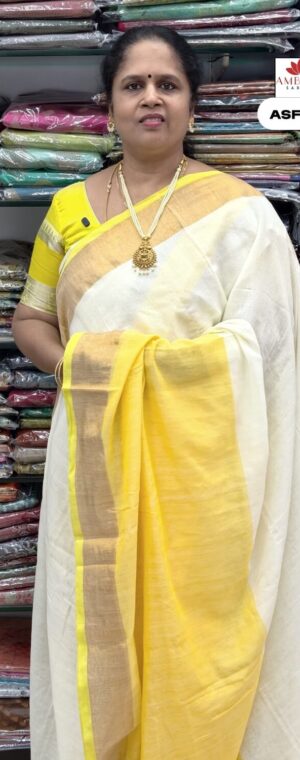 White With Yellow Mul Mul Cotton Saree | ASF565