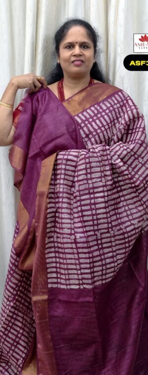 Magenta Semi Tussar Saree With Handblock Prints | ASF368
