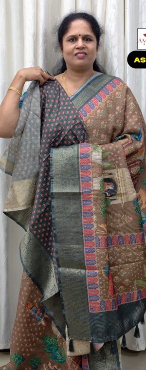 Light Brown Mughal Motifs Printed Semi Tussar Saree | ASF428