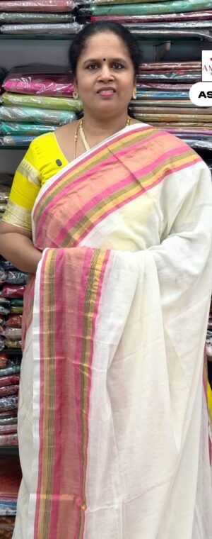 White With Pink Mul Mul Cotton Saree | ASF562