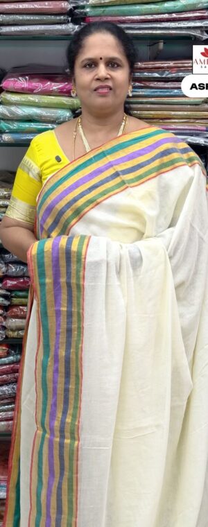 White With Green Mul Mul Cotton Saree | ASF564