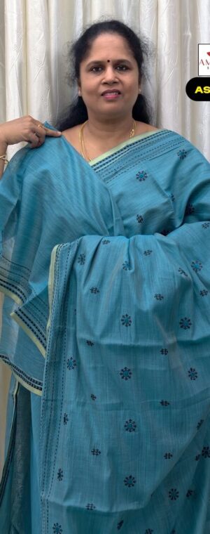 Sky Blue Embroidery Cotton Saree With Kantha Stitch | ASF460