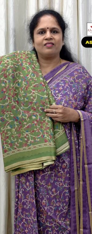 Green Floral Printed Chiffon Saree with Butta Blouse | ASF416