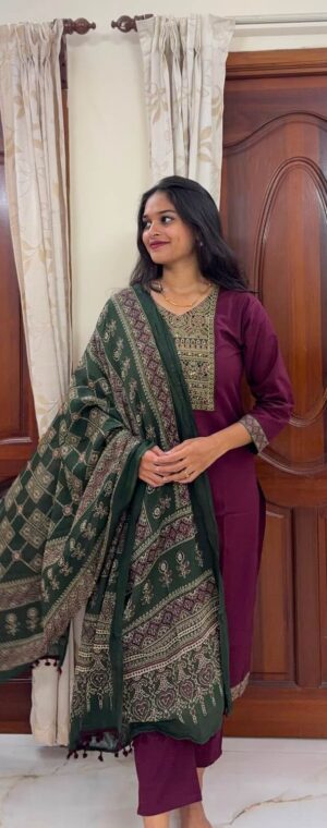 Magenta Color Ajrakh Printed Cotton kurti With Dupatta | ASF626