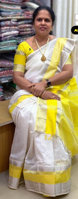 White With Yellow Mangalagiri Pattu Saree | ASF560