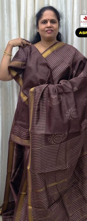 Brown Maheshwari Cotton Saree With Printed Blouse | ASF449