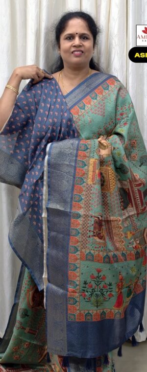 Green Semi Tussar Saree with Mughal Art Prints | ASF424