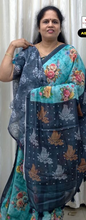 Sky Blue Floral Printed Linen Cotton Saree | ASF402