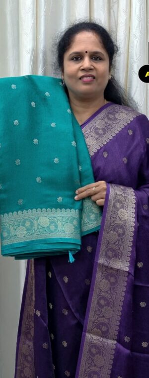 Sea Green Georgette Saree with Butta Motifs & Zari Border | ASF380