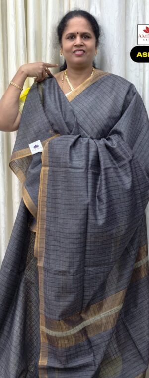 Light Grey Checked Semi Tussar Saree | ASF591