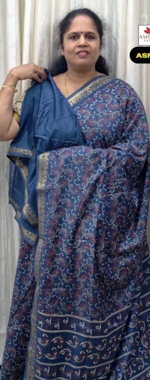 Ink Blue Color Floral Printed Crepe Saree | ASF475