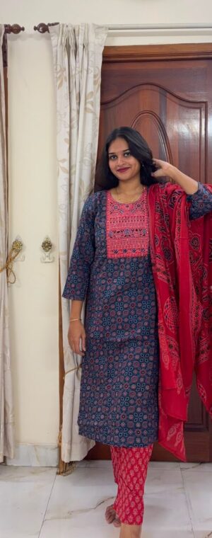 Navy Blue Ajrakh Printed Cotton Kurti With Dupatta | ASF625