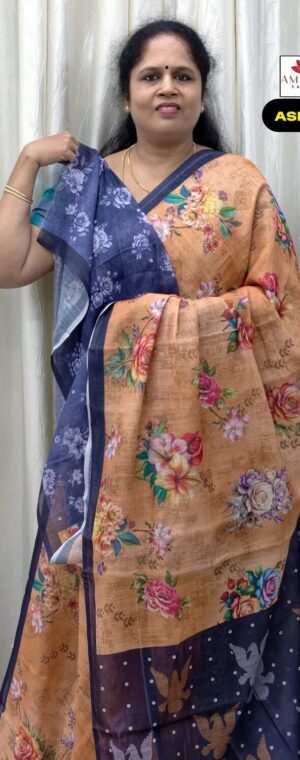 Orange Floral Printed Linen Cotton With Navy Blue Pallu | ASF401