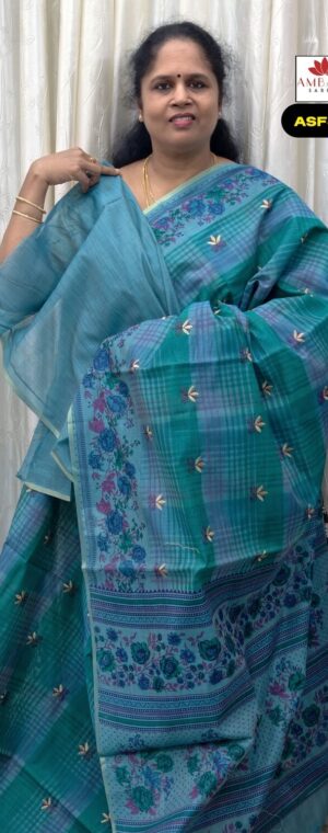 Sky Blue Color Embroidery Cotton Saree | ASF485