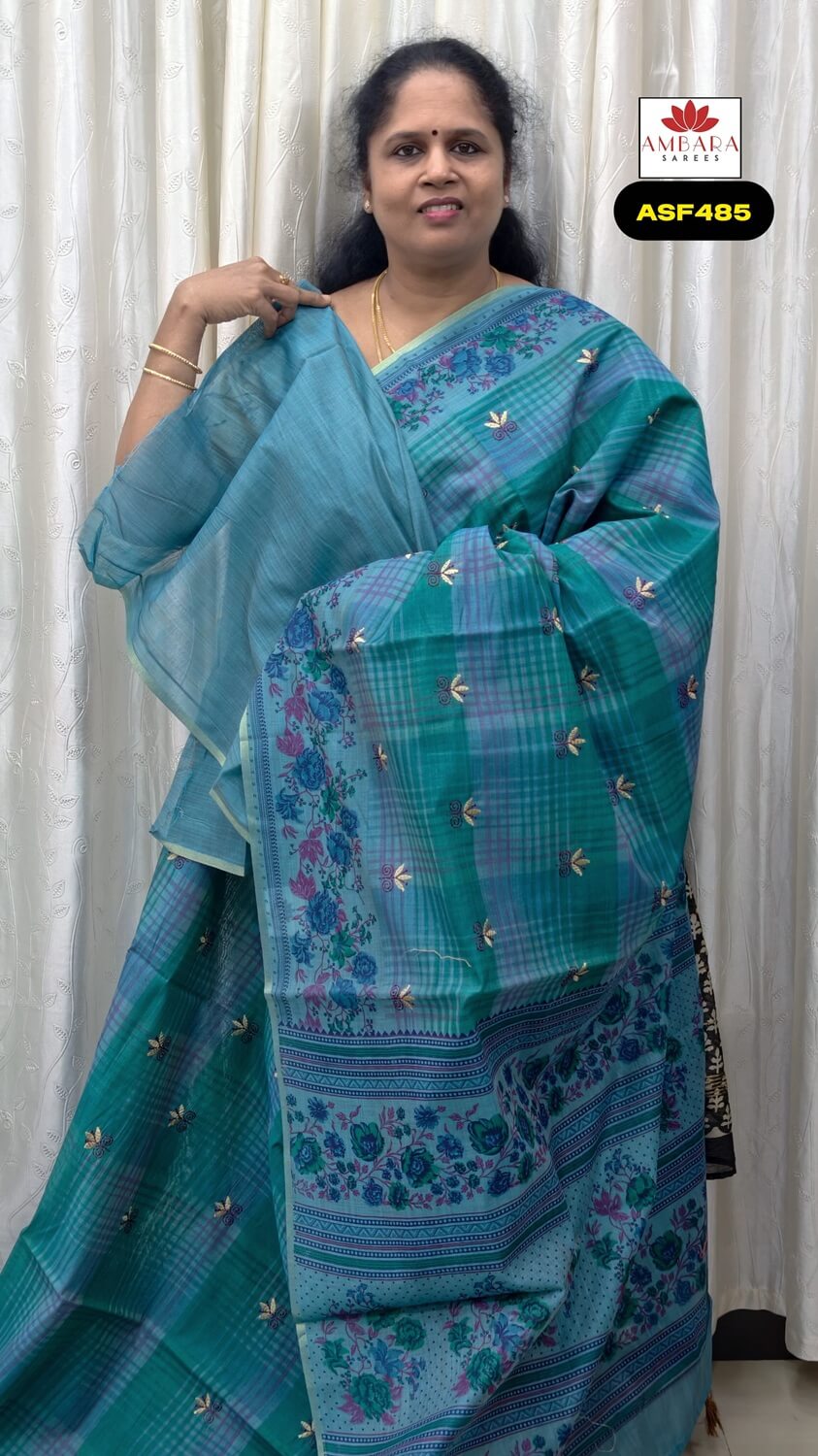 Sky Blue Color Embroidery Cotton Saree | ASF485