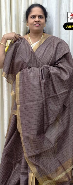 Ash Grey Checked Semi Tussar Saree | ASF594