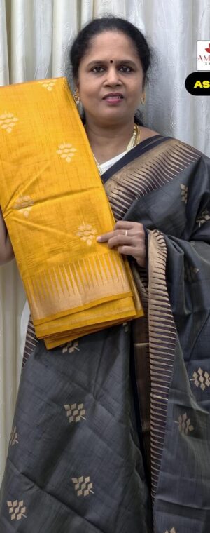 Mango Yellow Semi Tussar Saree With Gold Zari Border | ASF556