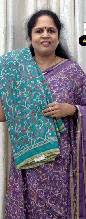 Sea Green Floral Printed Chiffon Saree with Butta Blouse | ASF421
