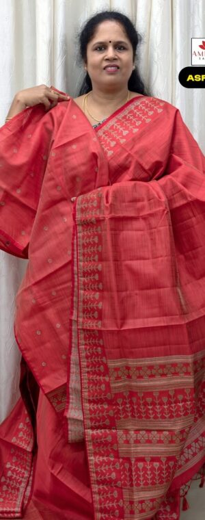Red Semi Tussar Saree With Geometrical Silver Zari Border | ASF393