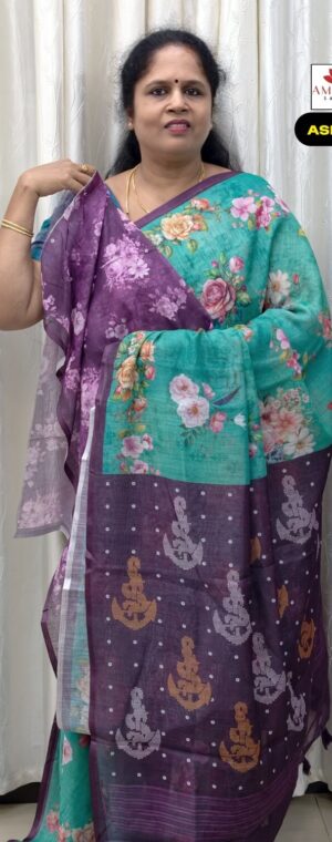Sky Blue Floral Linen Cotton Saree with Purple Pallu | ASF398