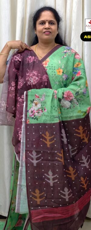 Green Floral Linen Cotton Saree with Magenta Pallu | ASF395