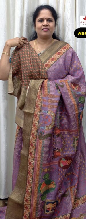 Lavender Mughal Motifs Printed Semi Tussar Saree | AS423