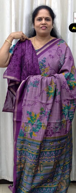 Lavender Floral Printed Viscose Cotton Saree with Blouse | ASF374