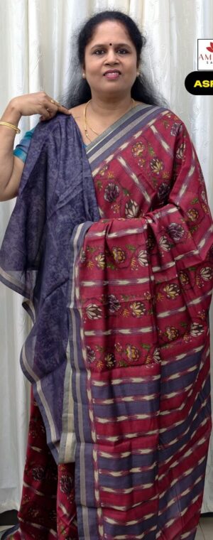 Maroon Handblock Design Soft Viscose Cotton Saree | ASF373