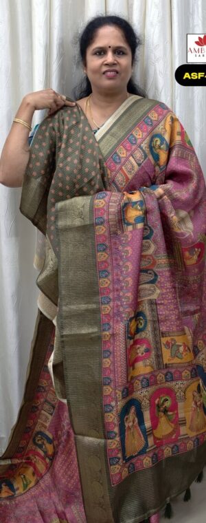 Pink Mughal Motifs Printed Semi Tussar Saree | ASF430