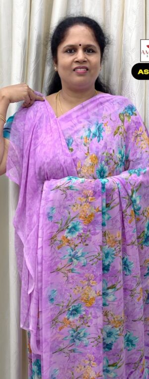 Lavender Chiffon Saree with Delicate Floral Prints | ASF432