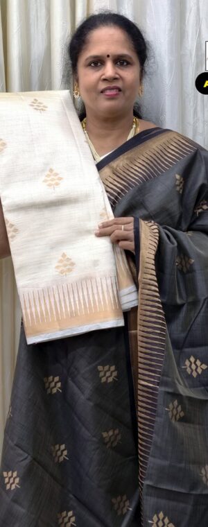 White Semi Tussar Saree With Gold Zari Border | ASF554