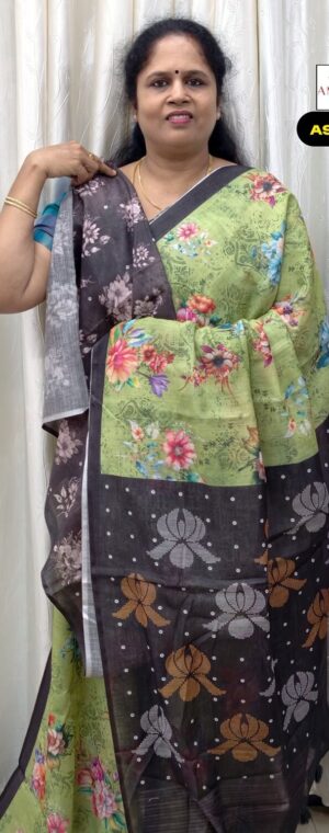 Green Floral Linen Cotton Saree with Black Pallu | ASF400