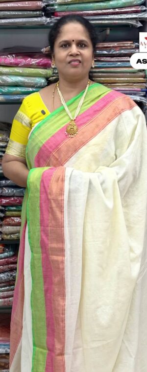 White With Green Mul Mul Cotton Saree | ASF566